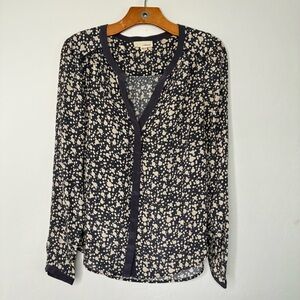 Anthropologie The Korner 100% Silk Blouse Navy Blue Cream Dots Size M